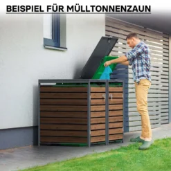 Wiltec Mülltonnenbox für zwei Tonnen in Holzoptik, abschließbare Mülltonnenverkleidung mit Klappdeckel, Mülltonnenzaun, Sichtschutzzaun