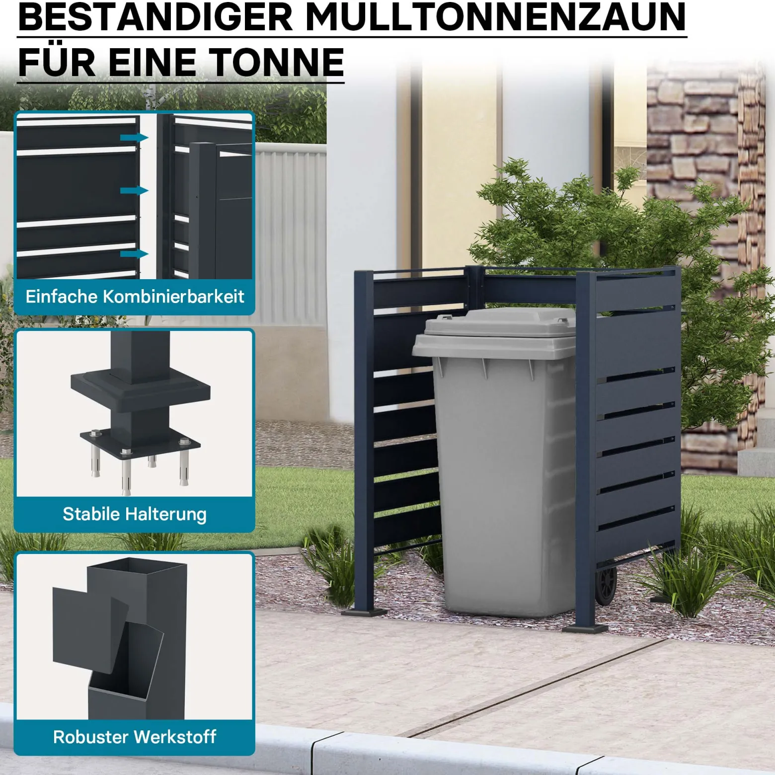 Wiltec Mülltonnenzaun aus Stahl in Anthrazit, Mülltonnenverkleidung für eine Tonne 60-240l, Mülltonnenbox, Sichtschutzzaun