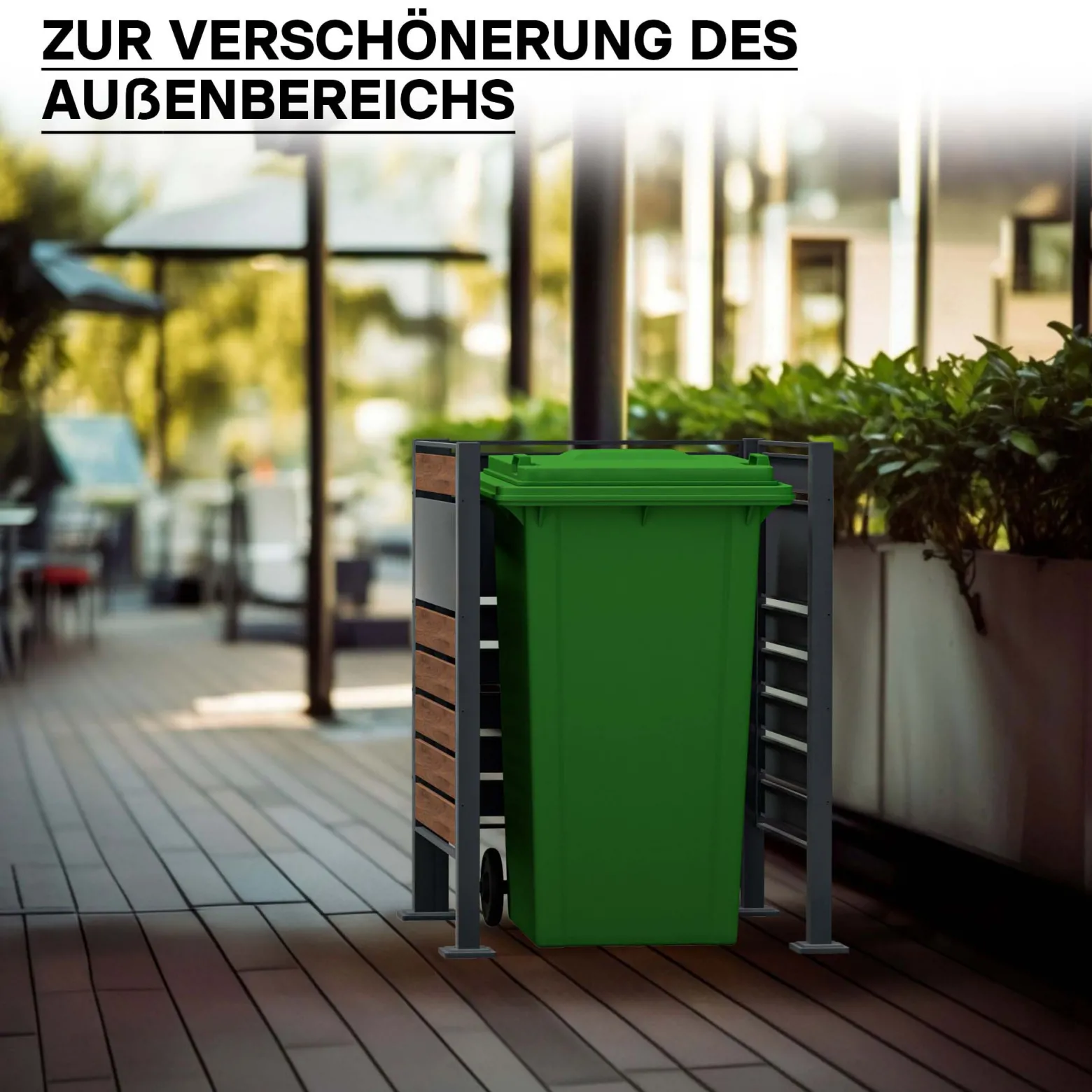 Wiltec Mülltonnenzaun aus Stahl in Holzoptik, Mülltonnenverkleidung für eine Tonne 60-240l, Mülltonnenbox, Sichtschutzzaun