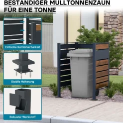 Wiltec Mülltonnenzaun aus Stahl in Holzoptik, Mülltonnenverkleidung für eine Tonne 60-240l, Mülltonnenbox, Sichtschutzzaun