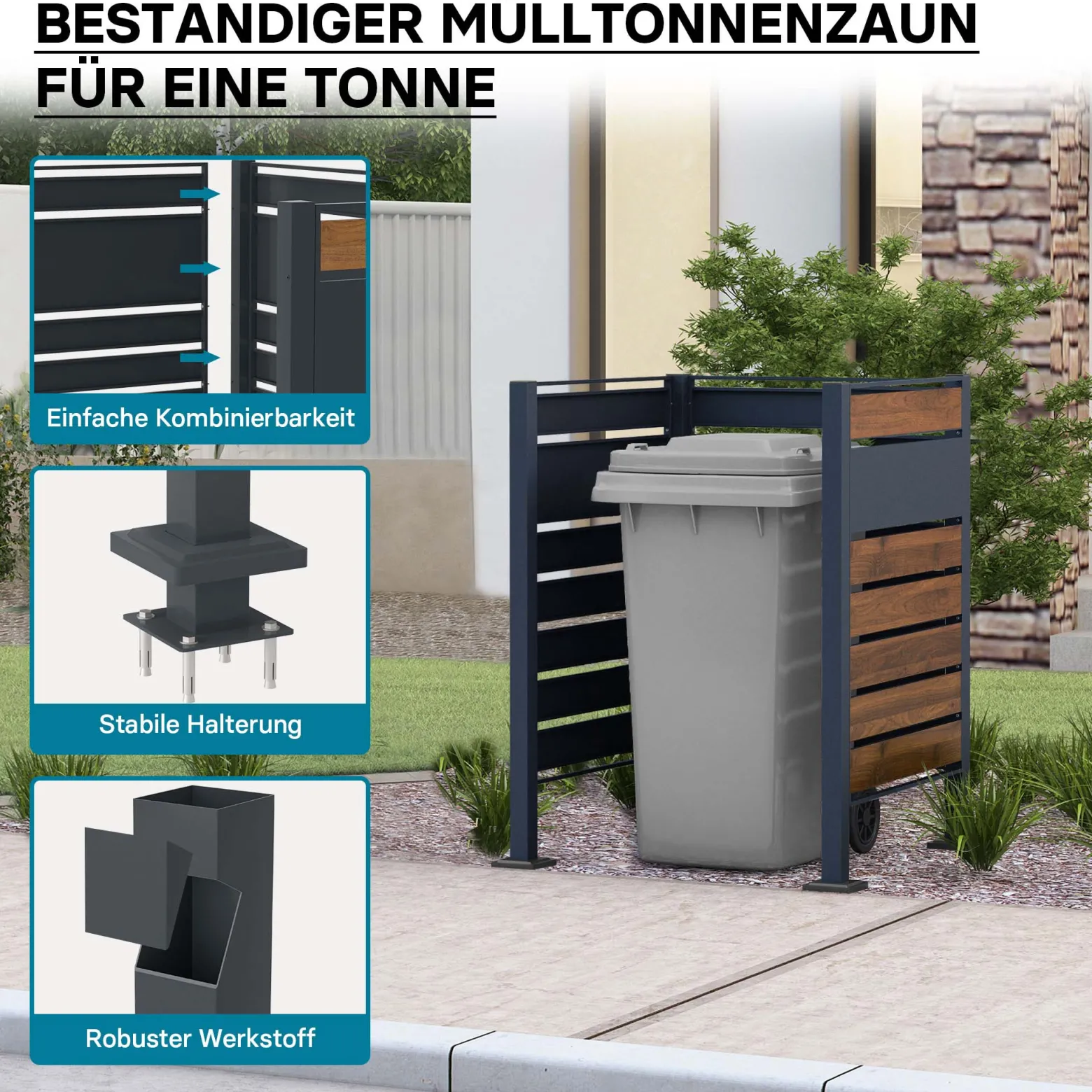 Wiltec Mülltonnenzaun aus Stahl in Holzoptik, Mülltonnenverkleidung für eine Tonne 60-240l, Mülltonnenbox, Sichtschutzzaun