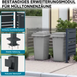 Wiltec Mülltonnenzaun-Erweiterungsmodul in Anthrazit, Sichtschutzzaun aus Stahl für Mülltonnenbox, Mülltonnenverkleidung-Erweiterung