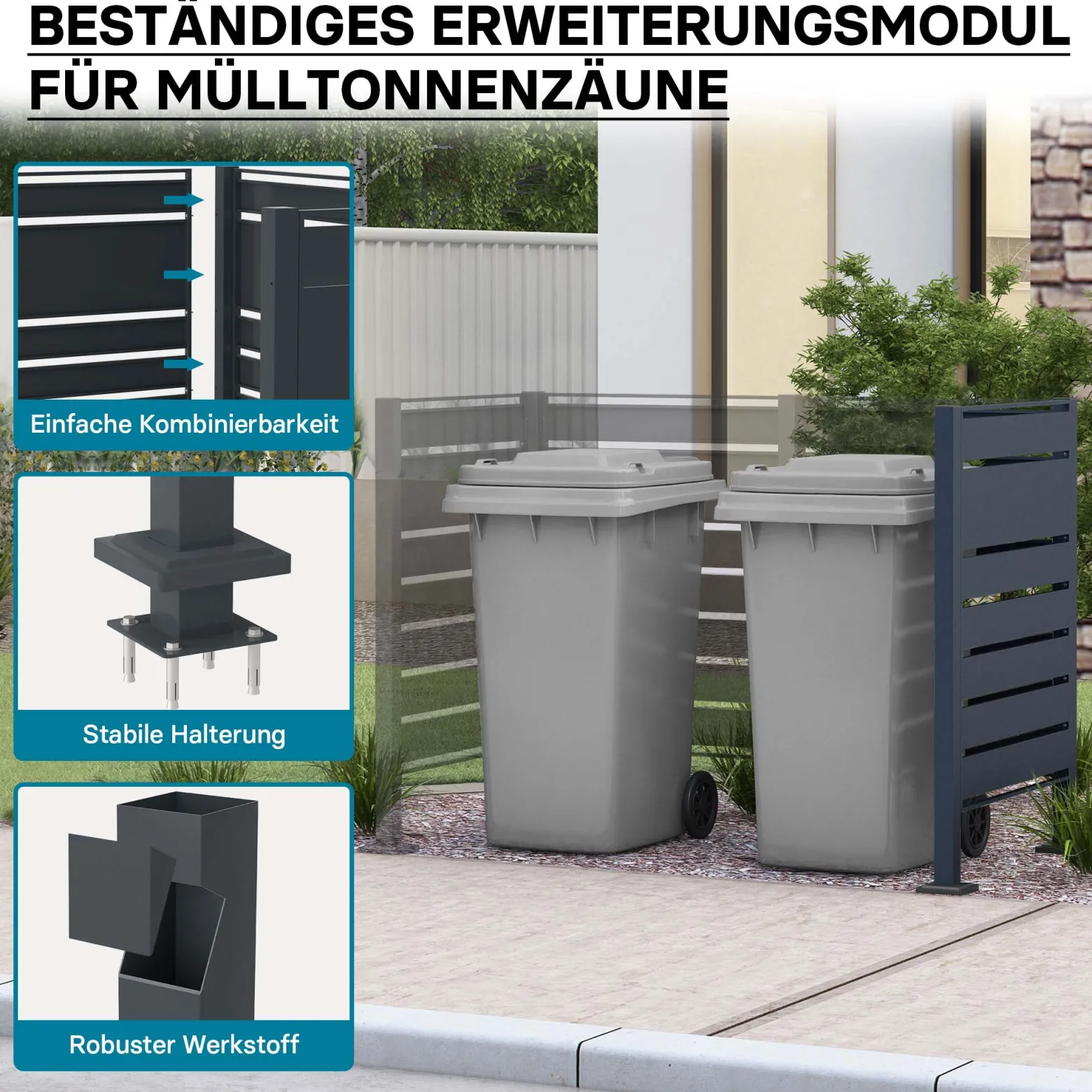 Wiltec Mülltonnenzaun-Erweiterungsmodul in Anthrazit, Sichtschutzzaun aus Stahl für Mülltonnenbox, Mülltonnenverkleidung-Erweiterung