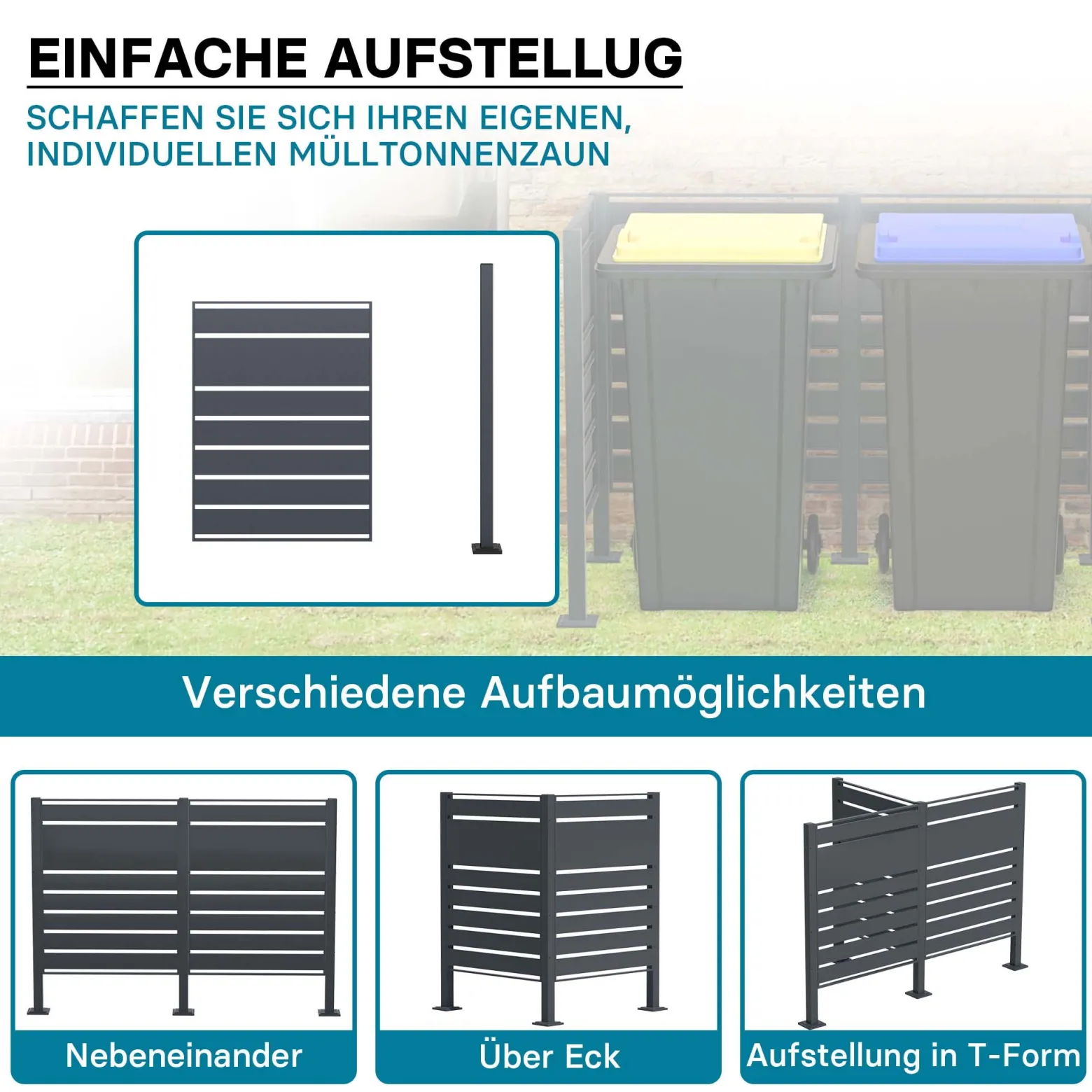 Wiltec Mülltonnenzaun-Erweiterungsmodul in Anthrazit, Sichtschutzzaun aus Stahl für Mülltonnenbox, Mülltonnenverkleidung-Erweiterung