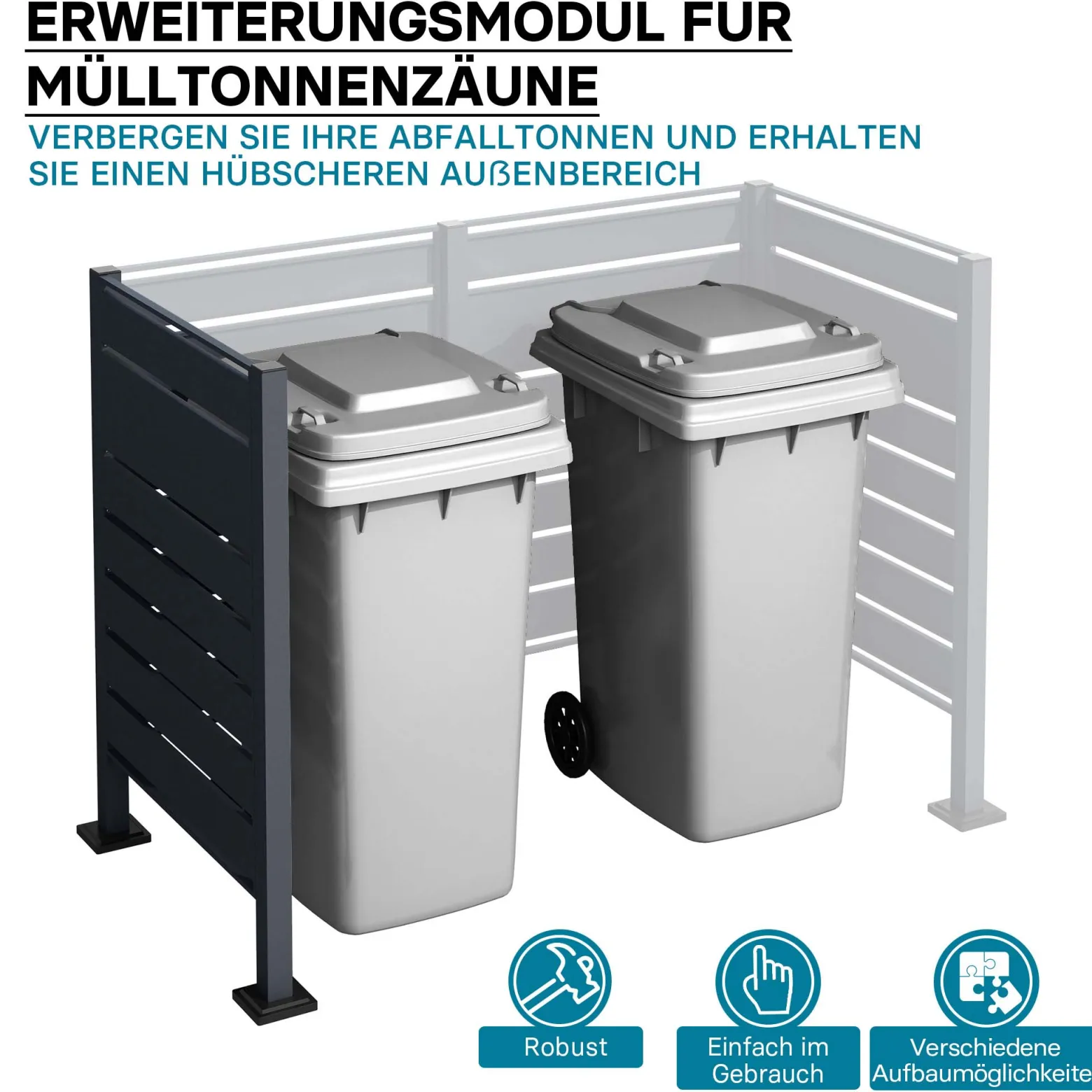 Wiltec Mülltonnenzaun-Erweiterungsmodul in Anthrazit, Sichtschutzzaun aus Stahl für Mülltonnenbox, Mülltonnenverkleidung-Erweiterung
