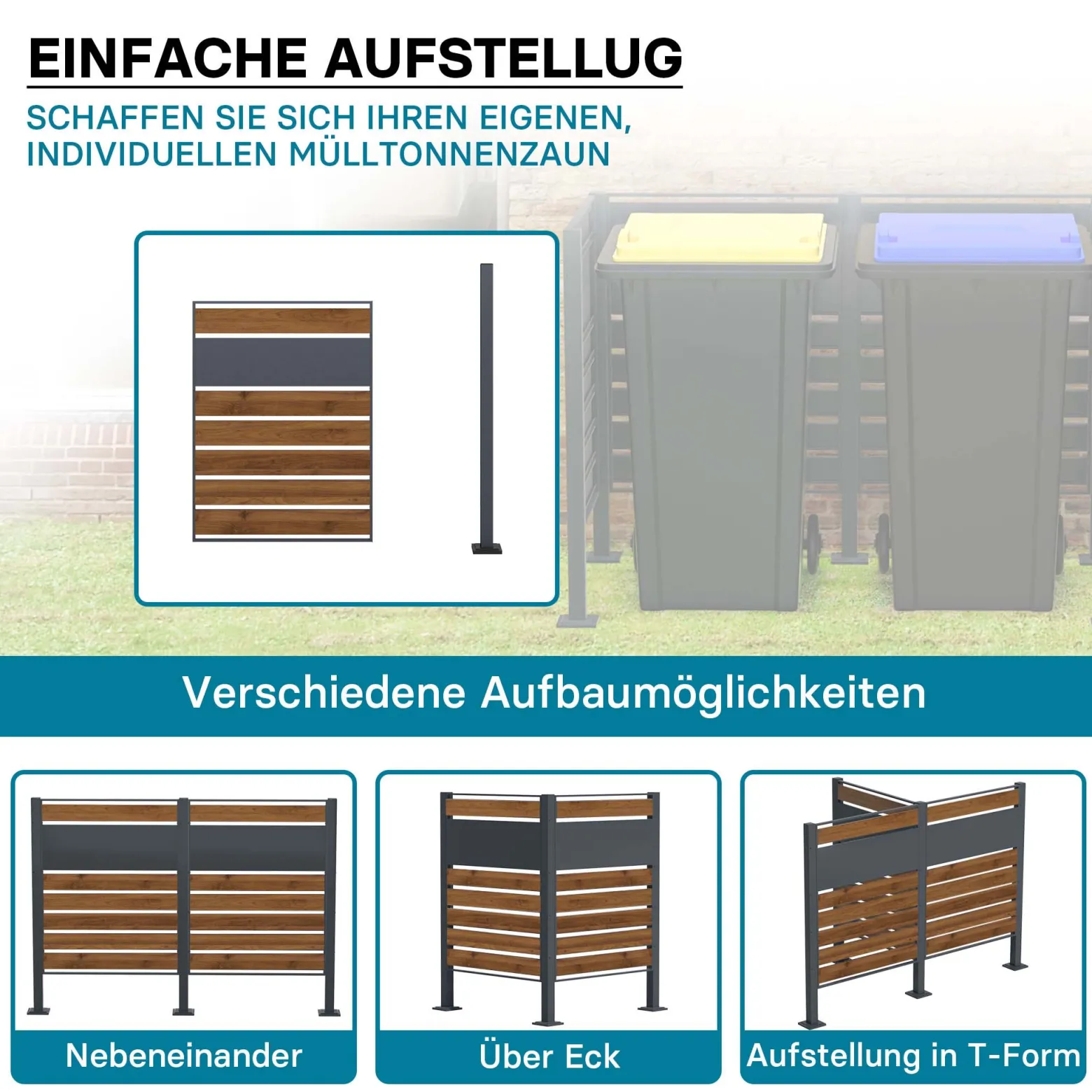 Wiltec Mülltonnenzaun-Erweiterungsmodul aus Stahl in Holzoptik und Anthrazit, Sichtschutzzaun für Mülltonnenbox, Mülltonnenverkleidung-Erweiterung