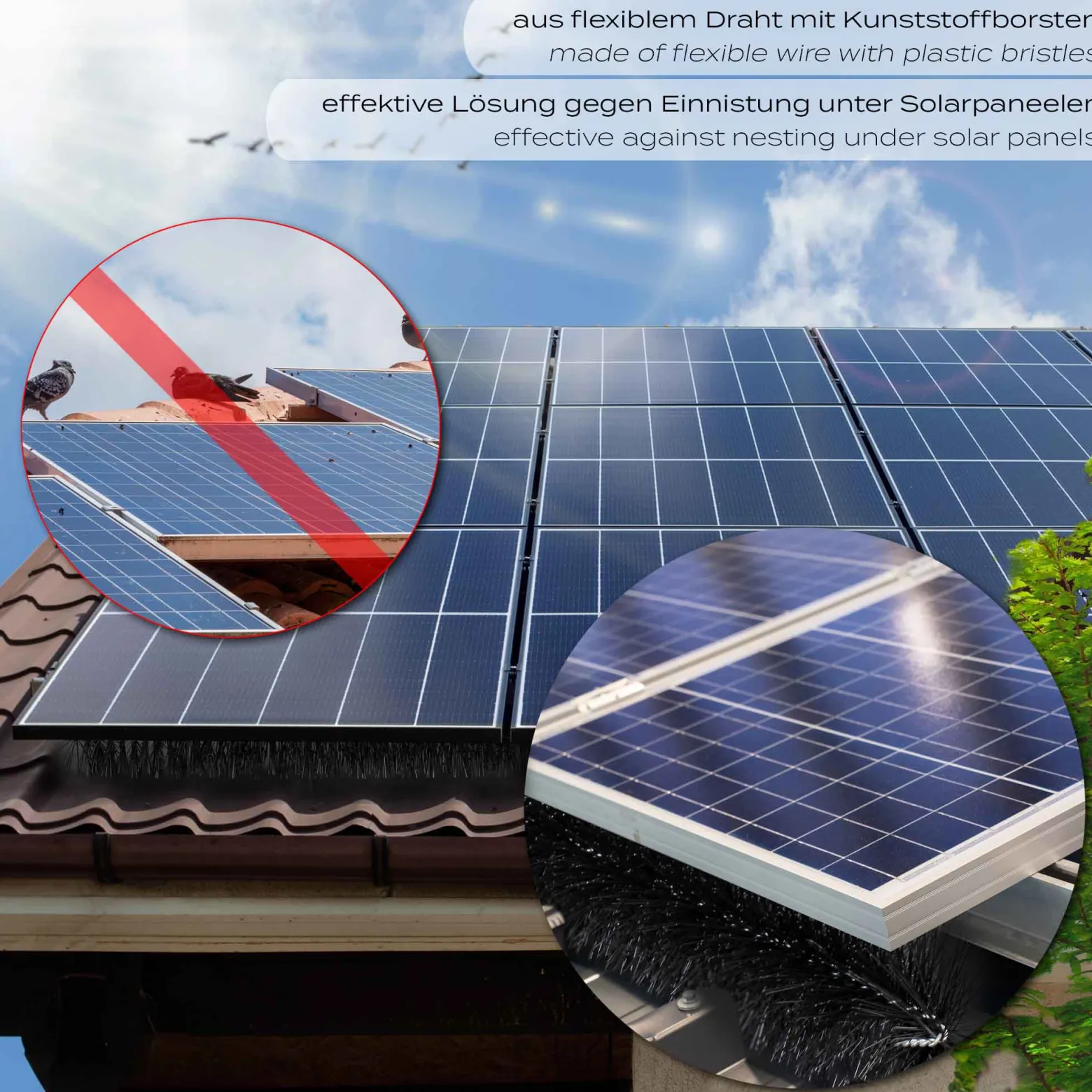 Wiltec 12 m Nistschutzbürste 10x120 cm Ø 12cm für Solarpaneele, effektiver flexibler Einnistschutz, 10 Stück Spatzenbürste