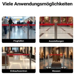 Wiltec mobile Absperrpfosten 32 x 7 x 90 cm in Silberfarben, rotes 200 cm Zugband, Absperrständer aus rostfreiem Stahl, Personenleitsystem für Veranstaltungen