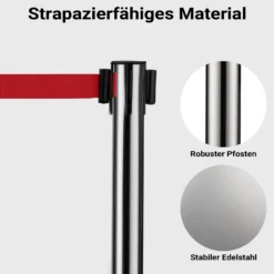 Wiltec mobile Absperrpfosten 32 x 7 x 90 cm in Silberfarben, rotes 200 cm Zugband, Absperrständer aus rostfreiem Stahl, Personenleitsystem für Veranstaltungen