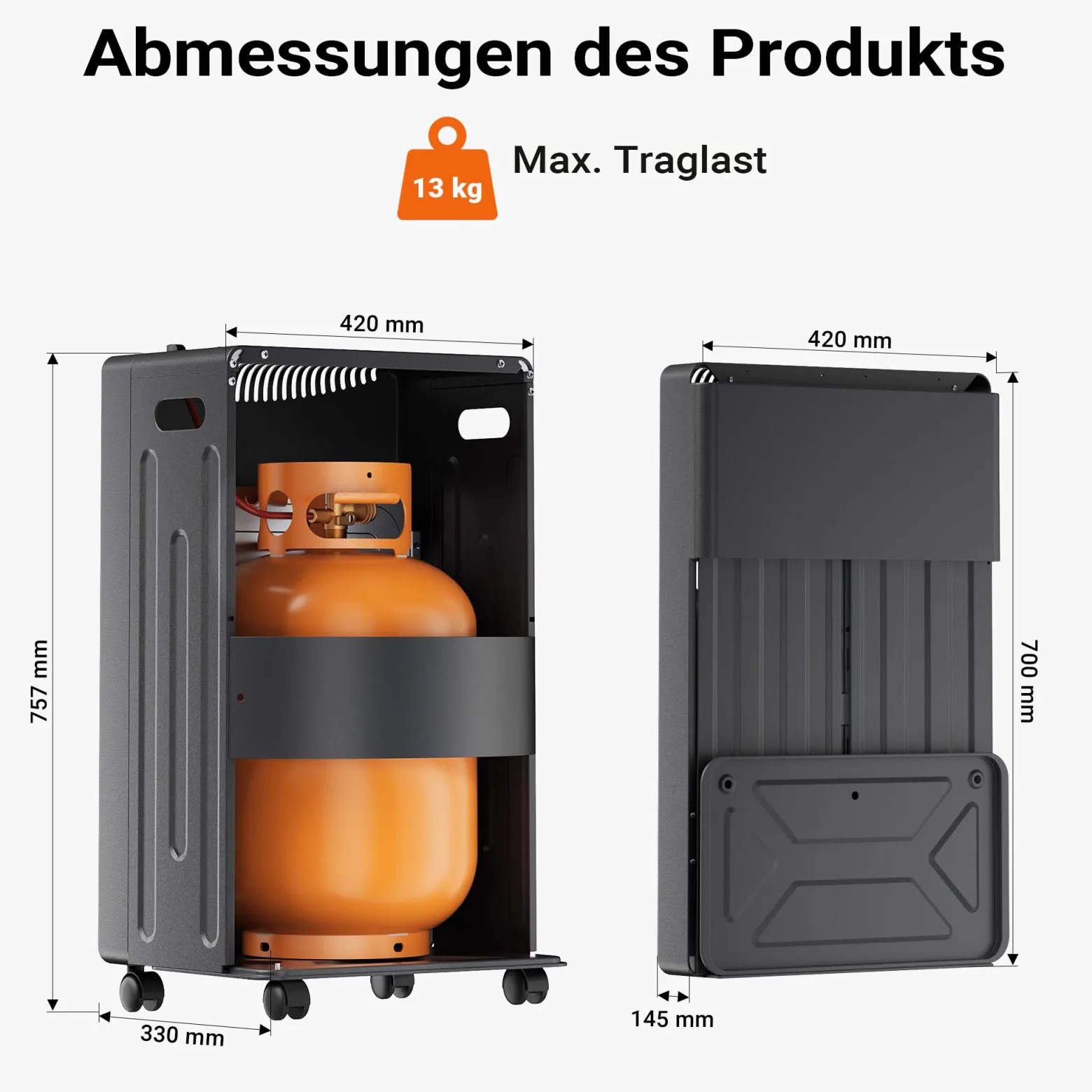 Wiltec mobile Gasheizung 4,2 kW, Gasheizstrahler 42 x 45 x 75,7 cm, Heizstrahler Innenraum mit Kippschutz, ODS und Rollen, Gasheizer kompatibel mit 13 kg Gasflasche