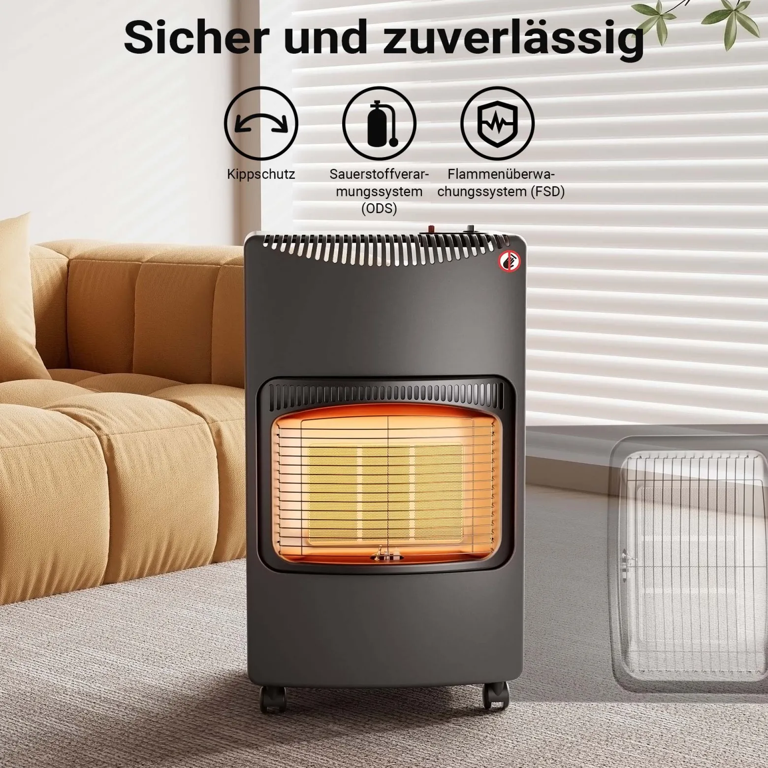 Wiltec mobile Gasheizung 4,2 kW, Gasheizstrahler 42 x 45 x 75,7 cm, Heizstrahler Innenraum mit Kippschutz, ODS und Rollen, Gasheizer kompatibel mit 13 kg Gasflasche