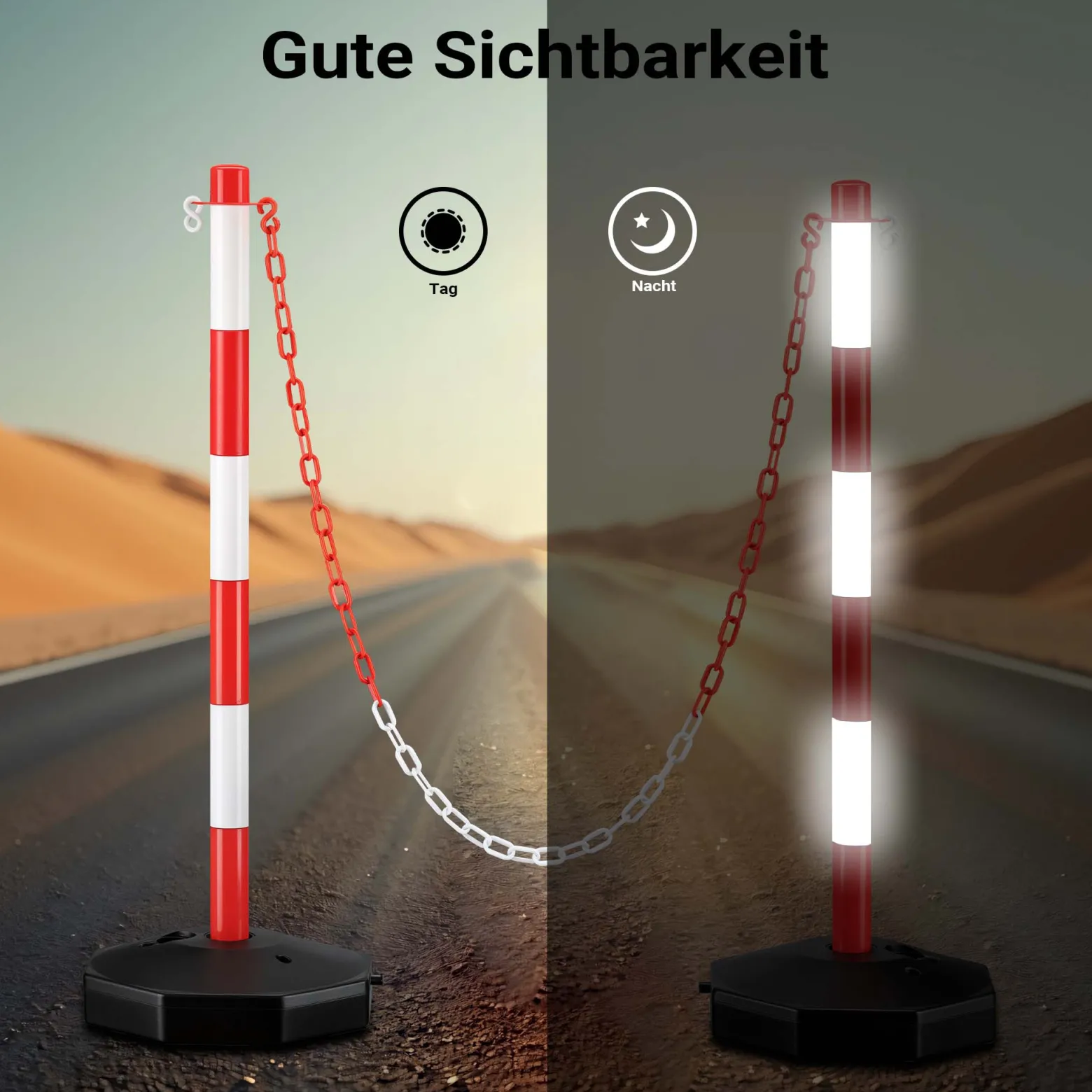 Wiltec mobile Parkplatz Absperrung 80 x 28 x 28 cm, Sperrpfosten mit 1,4 m langer Kette, rot-weiße Absperrpfosten, Poller für Parkplatz sperren
