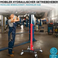 Wiltec Mobiler Getriebeheber hydraulisch 500 kg 110-190 cm Hubhöhe, mit 4 Laufrollen, Aufnahmekralle, Pedal, hydraulischer Motorheber für Kfz und Lkw