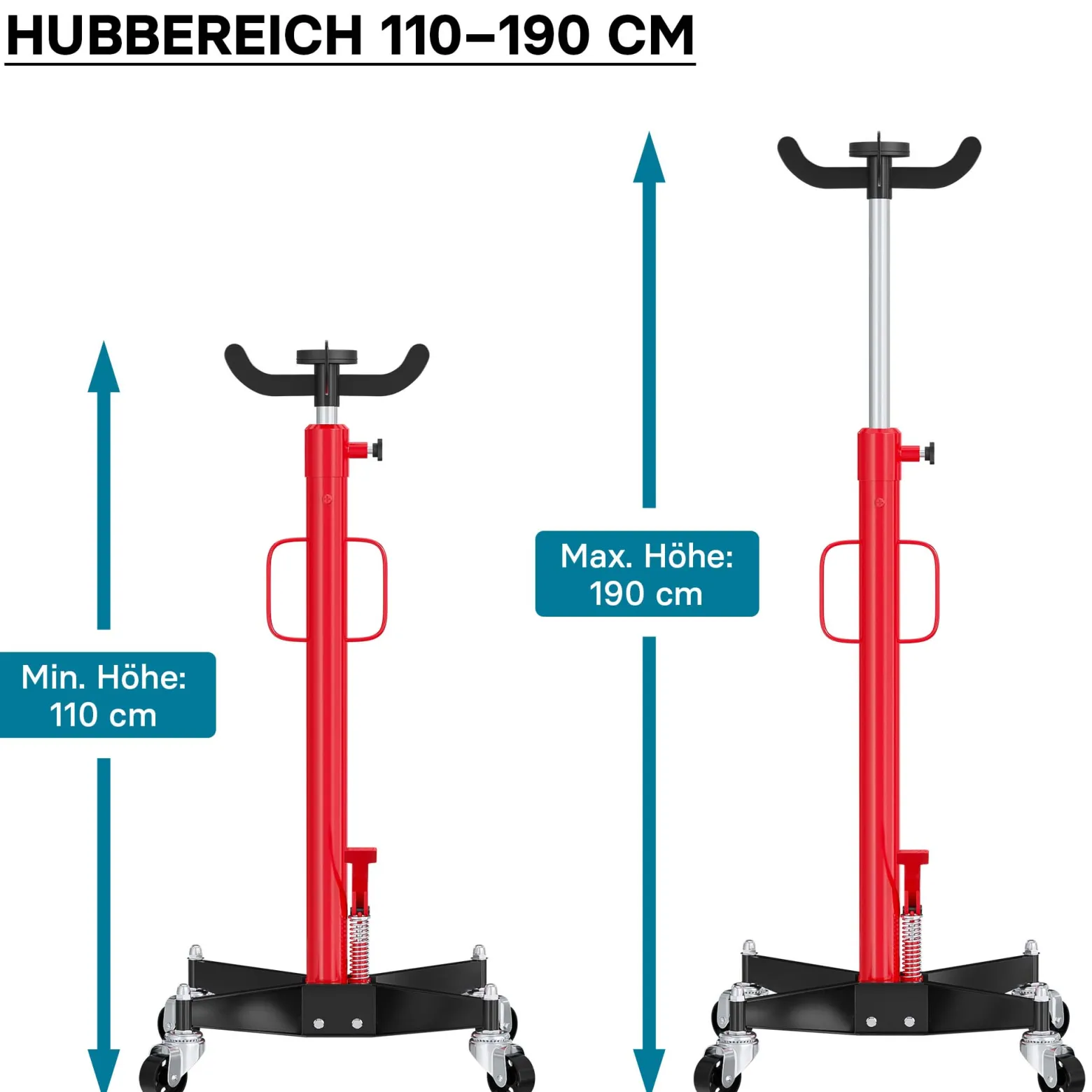 Wiltec Mobiler Getriebeheber hydraulisch 500 kg 110-190 cm Hubhöhe, mit 4 Laufrollen, Aufnahmekralle, Pedal, hydraulischer Motorheber für Kfz und Lkw