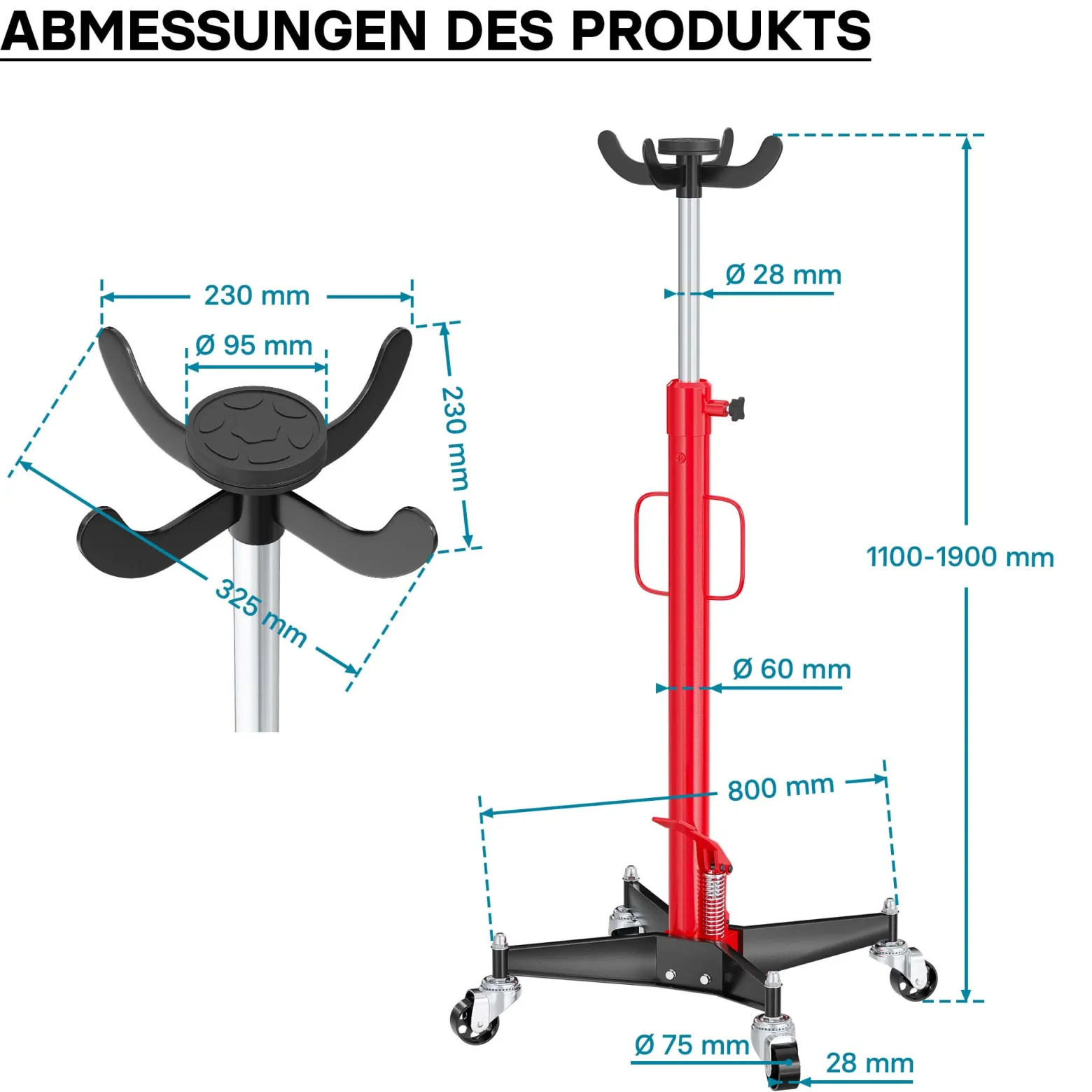Wiltec Mobiler Getriebeheber hydraulisch 500 kg 110-190 cm Hubhöhe, mit 4 Laufrollen, Aufnahmekralle, Pedal, hydraulischer Motorheber für Kfz und Lkw