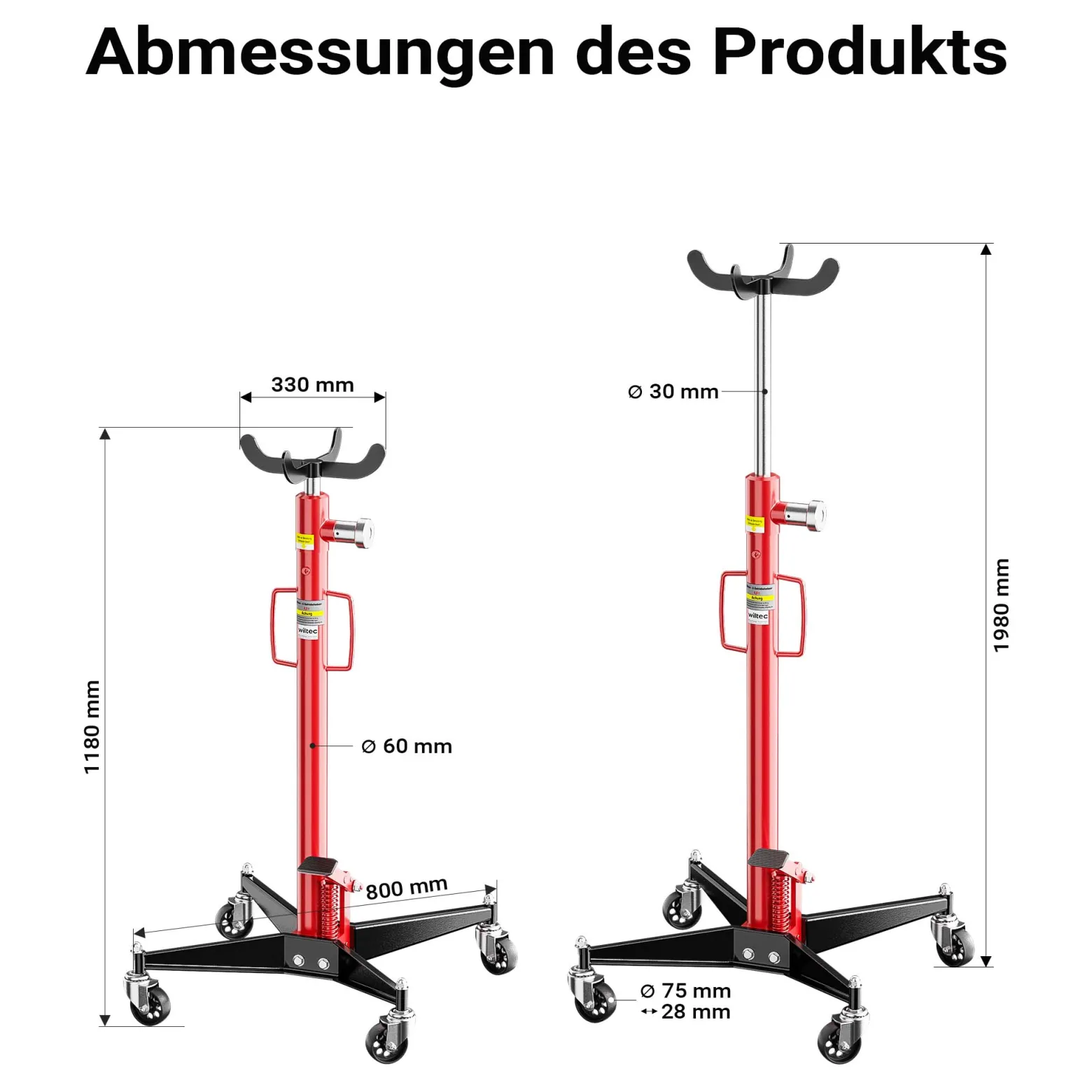 Wiltec Mobiler Getriebeheber hydraulisch 500 kg 110-195 cm Hubhöhe, mit 4 Stahlrollen, Aufnahmekralle, Pedal, hydraulischer Motorheber für Kfz und Lkw
