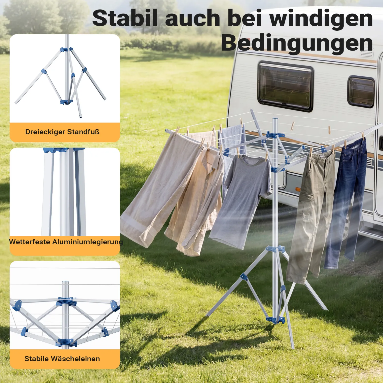 Wiltec Mobile Wäschespinne mit 4 Armen 16 m Wäscheleine Wäscheständer Alu Höhe 155cm Wohnwagen Camping Klappbar Wohnmobil Reise