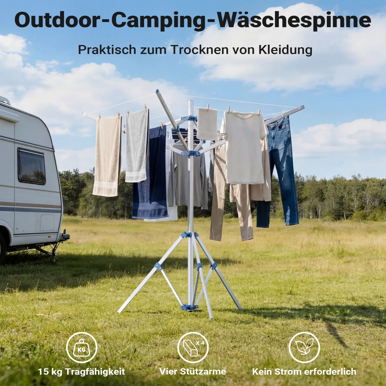Wiltec Mobile Wäschespinne mit 4 Armen 16 m Wäscheleine Wäscheständer Alu Höhe 155cm Wohnwagen Camping Klappbar Wohnmobil Reise
