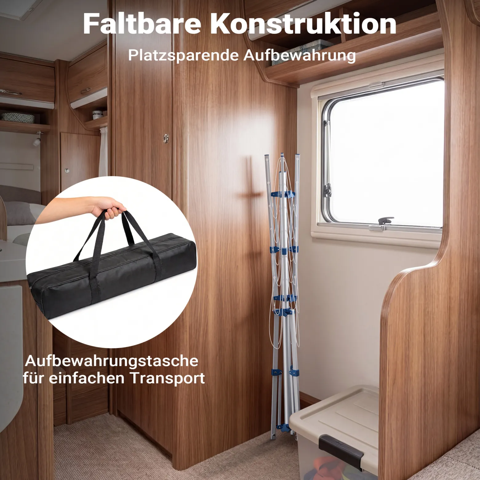 Wiltec Mobile Wäschespinne mit 4 Armen 16 m Wäscheleine Wäscheständer Alu Höhe 155cm Wohnwagen Camping Klappbar Wohnmobil Reise