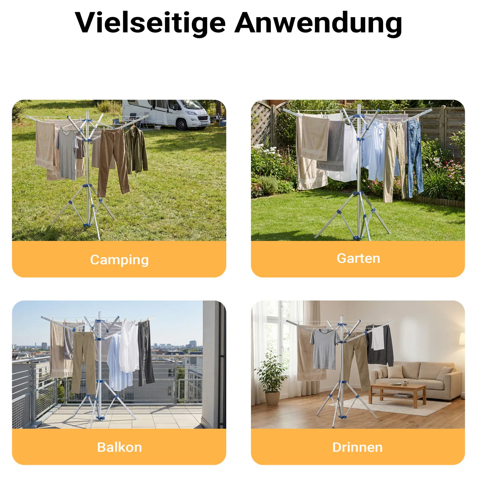 Wiltec Mobile Wäschespinne mit 4 Armen 16 m Wäscheleine Wäscheständer Alu Höhe 155cm Wohnwagen Camping Klappbar Wohnmobil Reise