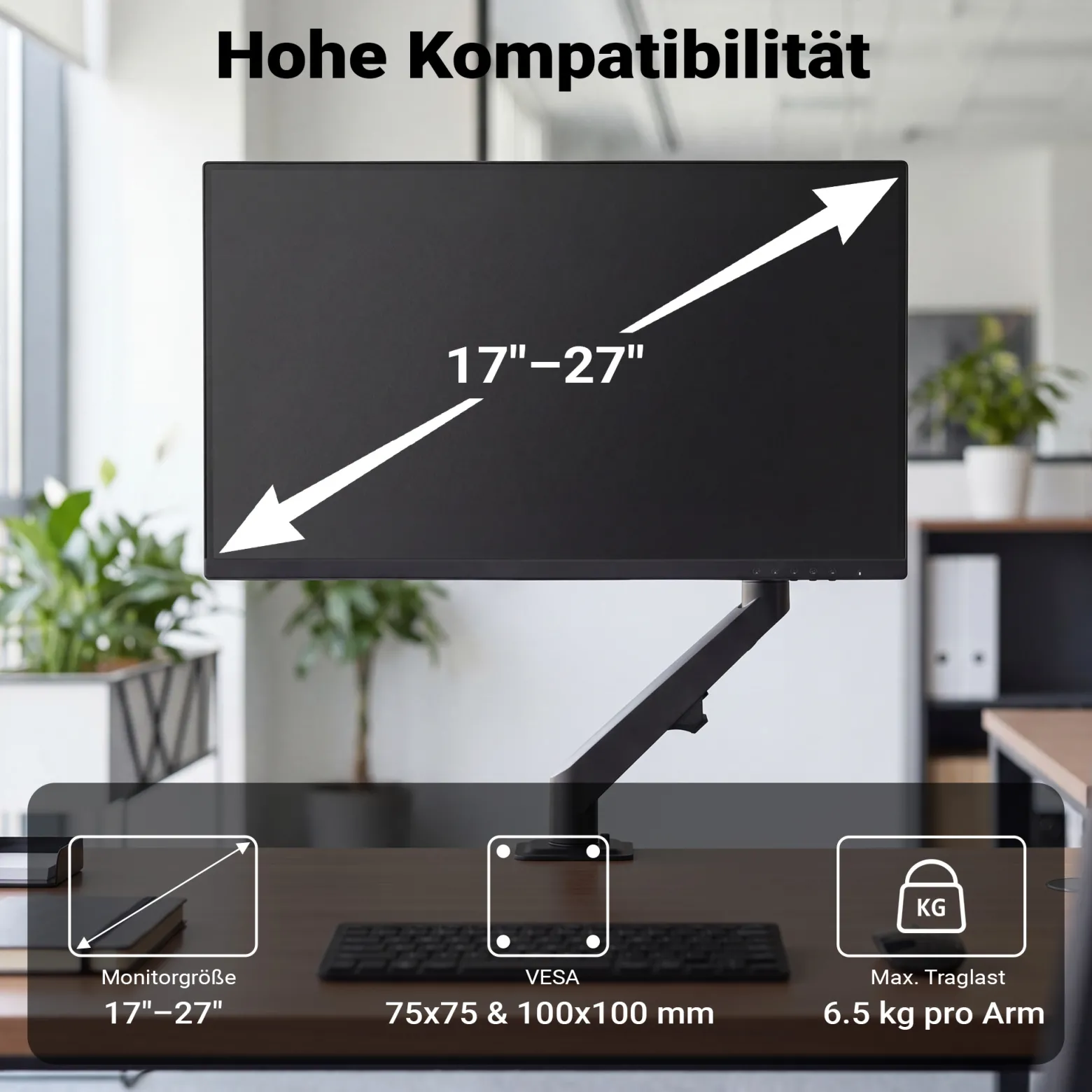 Wiltec Monitorhalterung mit Gasdruckfeder für Monitor 17-27 Zoll Tischhalterung VESA 75x75/100x100