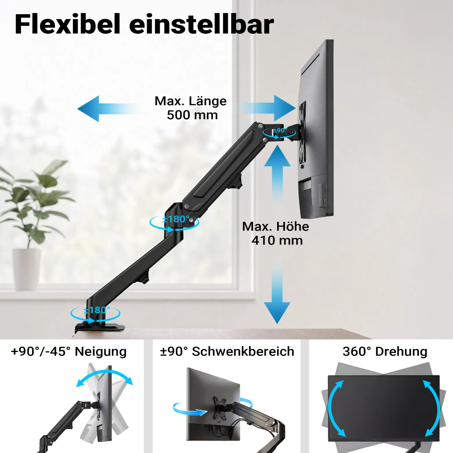 Wiltec Monitorhalterung mit Gasdruckfeder für Monitor 17-27 Zoll Tischhalterung VESA 75x75/100x100