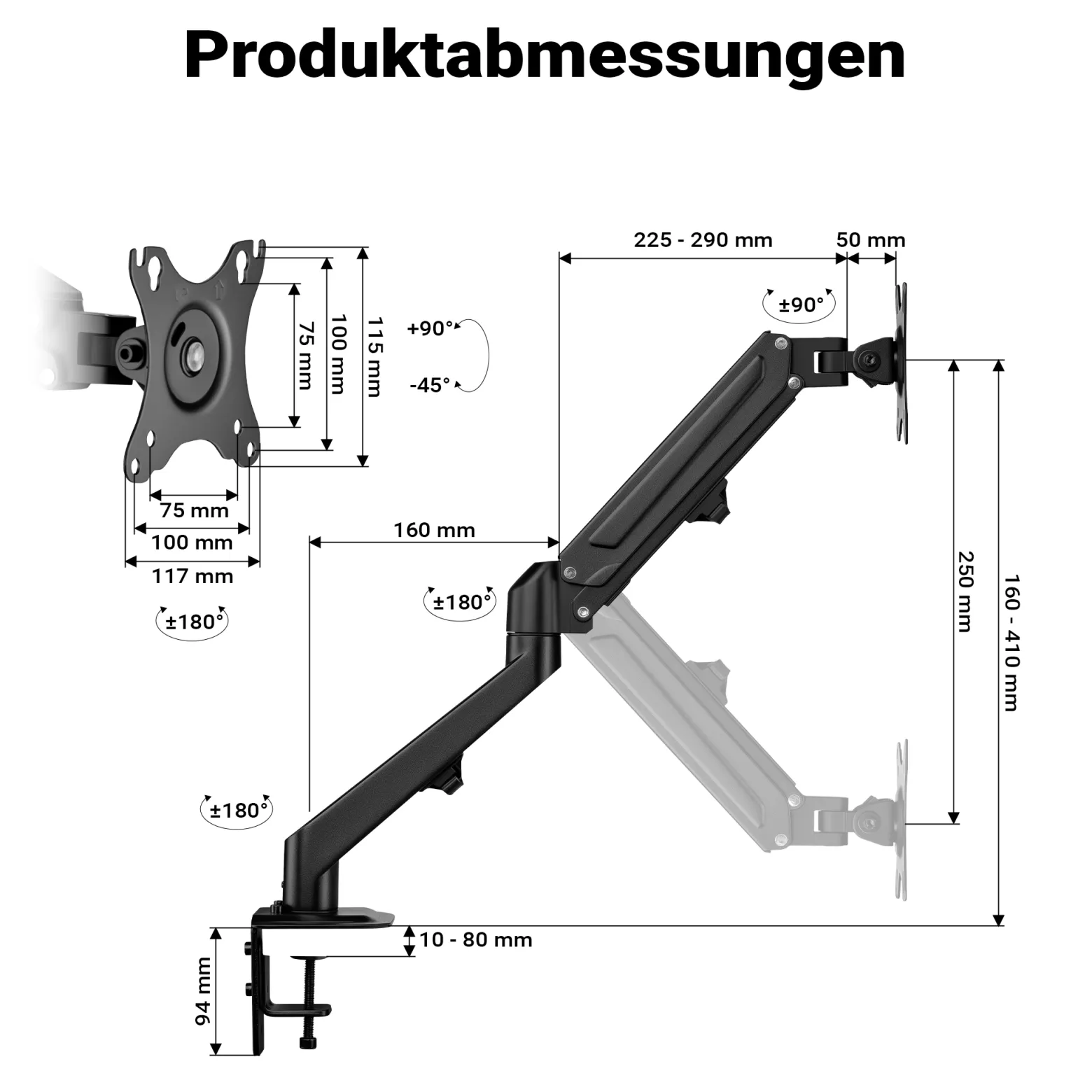 Wiltec Monitorhalterung mit Gasdruckfeder für Monitor 17-27 Zoll Tischhalterung VESA 75x75/100x100