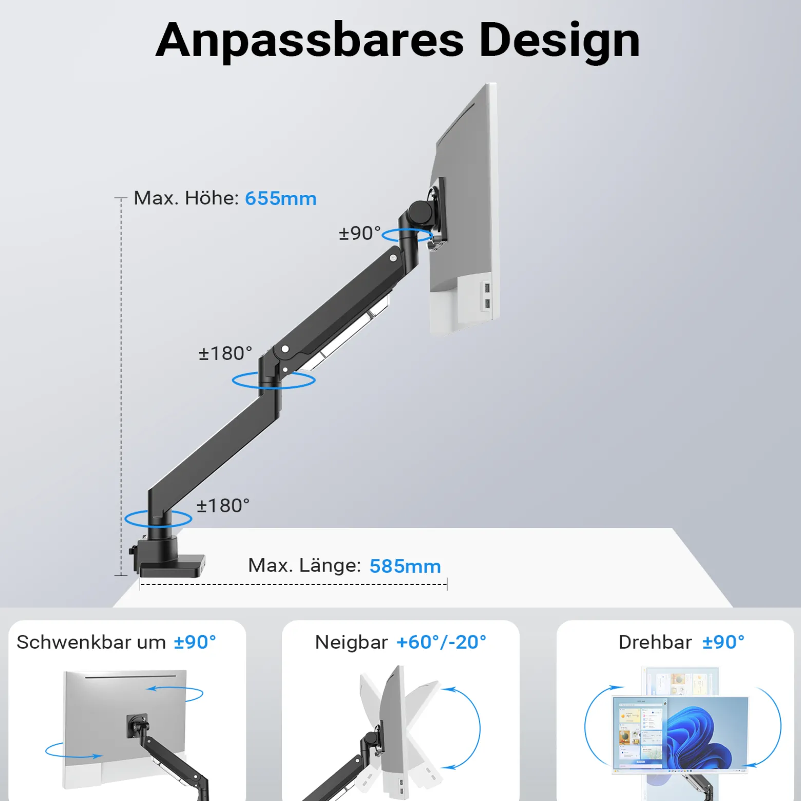 Wiltec Monitorhalterung mit VESA-Platte und -Adapter für flache & gebogene Monitore, Bildschirmhalterung bis 26 kg, Monitorhalter mit Tischklemme