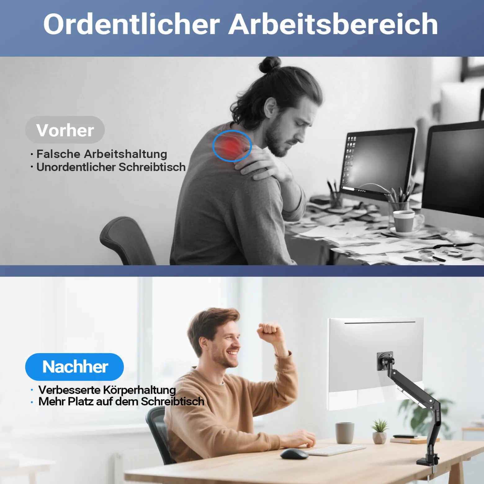 Wiltec Monitorhalterung mit VESA-Platte und -Adapter für flache & gebogene Monitore, Bildschirmhalterung bis 26 kg, Monitorhalter mit Tischklemme