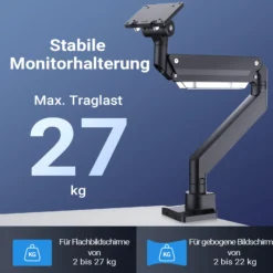 Wiltec Monitorhalterung mit VESA-Platte und -Adapter für flache & gebogene Monitore, Bildschirmhalterung bis 26 kg, Monitorhalter mit Tischklemme