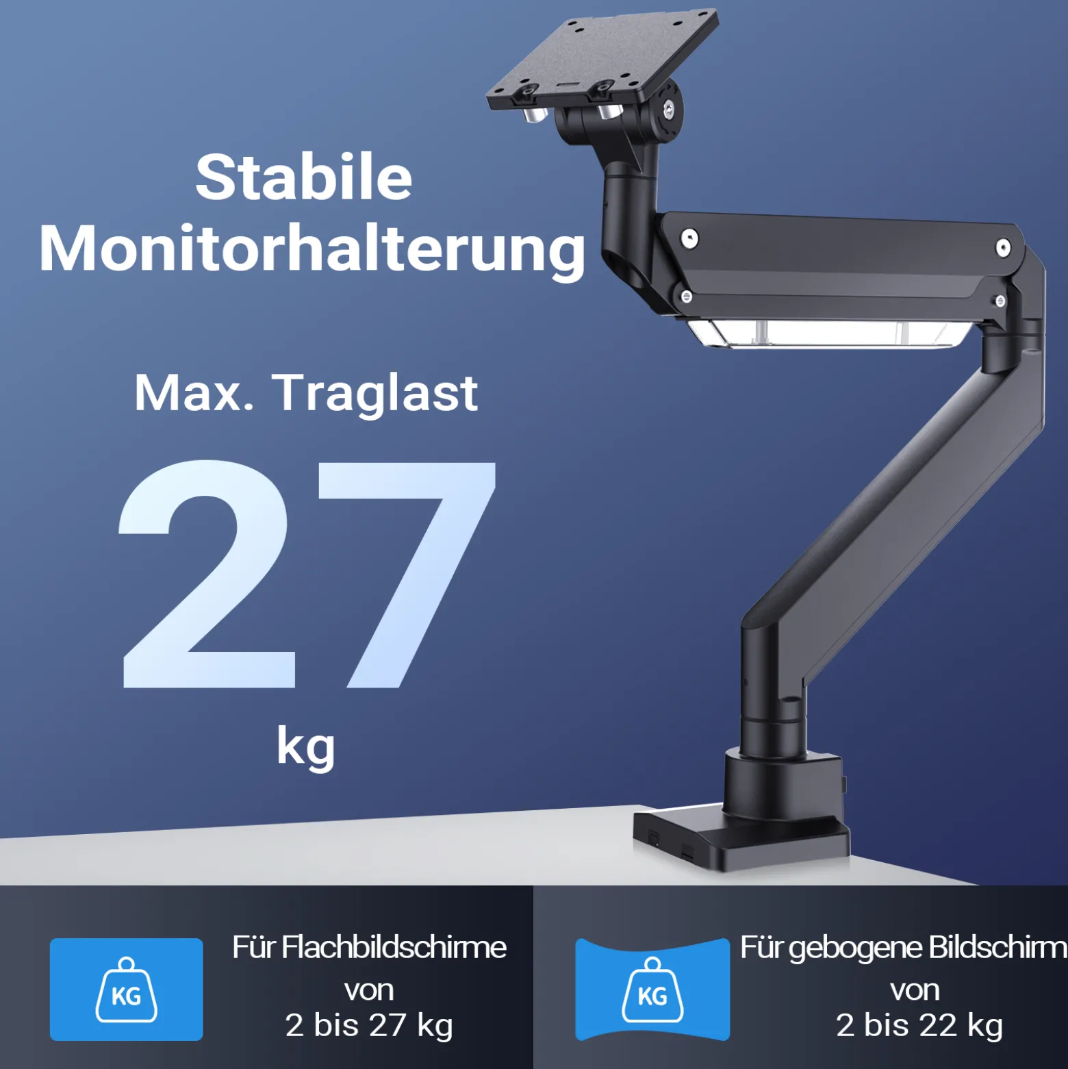 Wiltec Monitorhalterung mit VESA-Platte und -Adapter für flache & gebogene Monitore, Bildschirmhalterung bis 26 kg, Monitorhalter mit Tischklemme