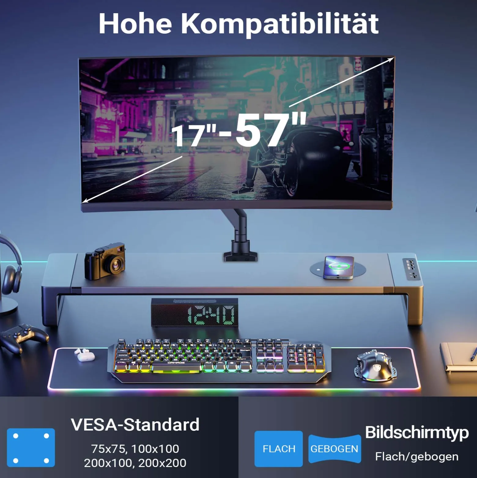 Wiltec Monitorhalterung mit VESA-Platte und -Adapter für flache & gebogene Monitore, Bildschirmhalterung bis 26 kg, Monitorhalter mit Tischklemme