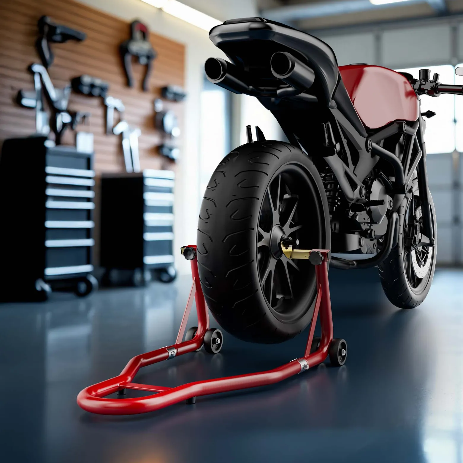 Wiltec Motorradständer hinten für 200-340 mm Reifen, 370 x 325 mm, als Montagehilfe aus Stahl für Hinterrad, Motorradheber bis 450 kg