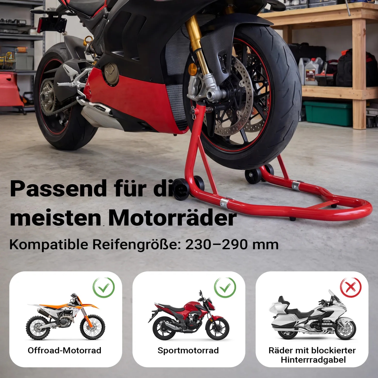 Wiltec Motorradständer vorne für 230-290 mm Reifen, 670 x 445 mm, als Montagehilfe aus Stahl für Vorderrad, Motorradheber bis 450 kg, Frontheber