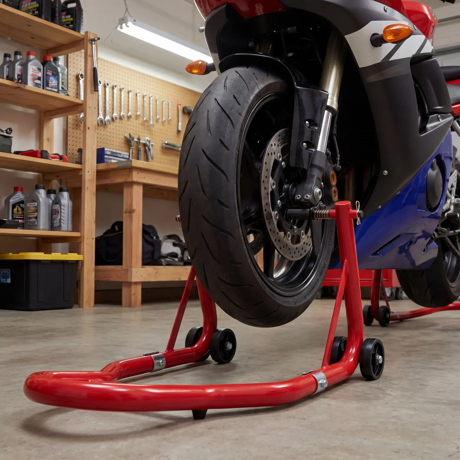 Wiltec Motorradständer vorne für 230-290 mm Reifen, 670 x 445 mm, als Montagehilfe aus Stahl für Vorderrad, Motorradheber bis 450 kg, Frontheber