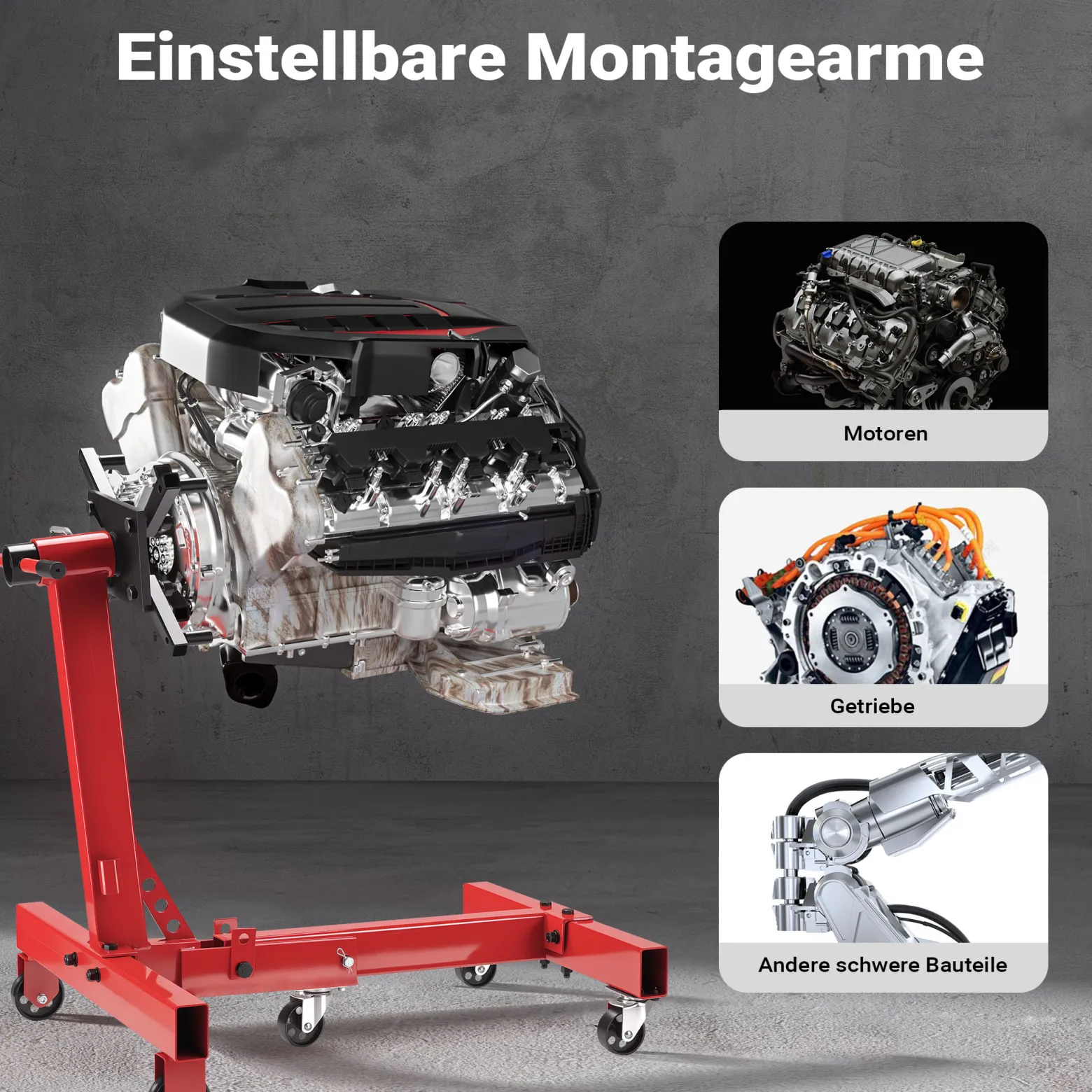 Wiltec Motorständer bis 680 kg, Motorheber mit 360° Lenkrollen, Getriebeheber mit Montagekopf drehbar, Getriebehalter klappbar, robuste Motorhalterung