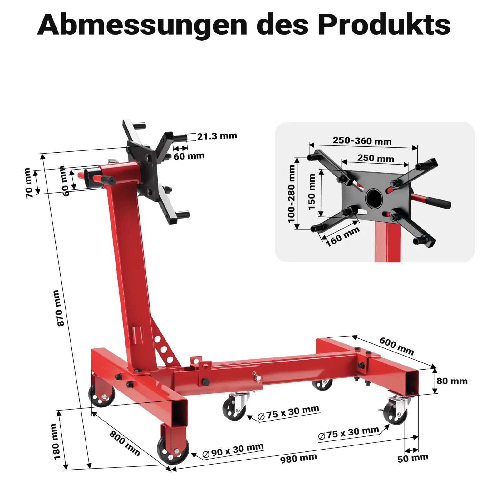 Wiltec Motorständer bis 680 kg, Motorheber mit 360° Lenkrollen, Getriebeheber mit Montagekopf drehbar, Getriebehalter klappbar, robuste Motorhalterung