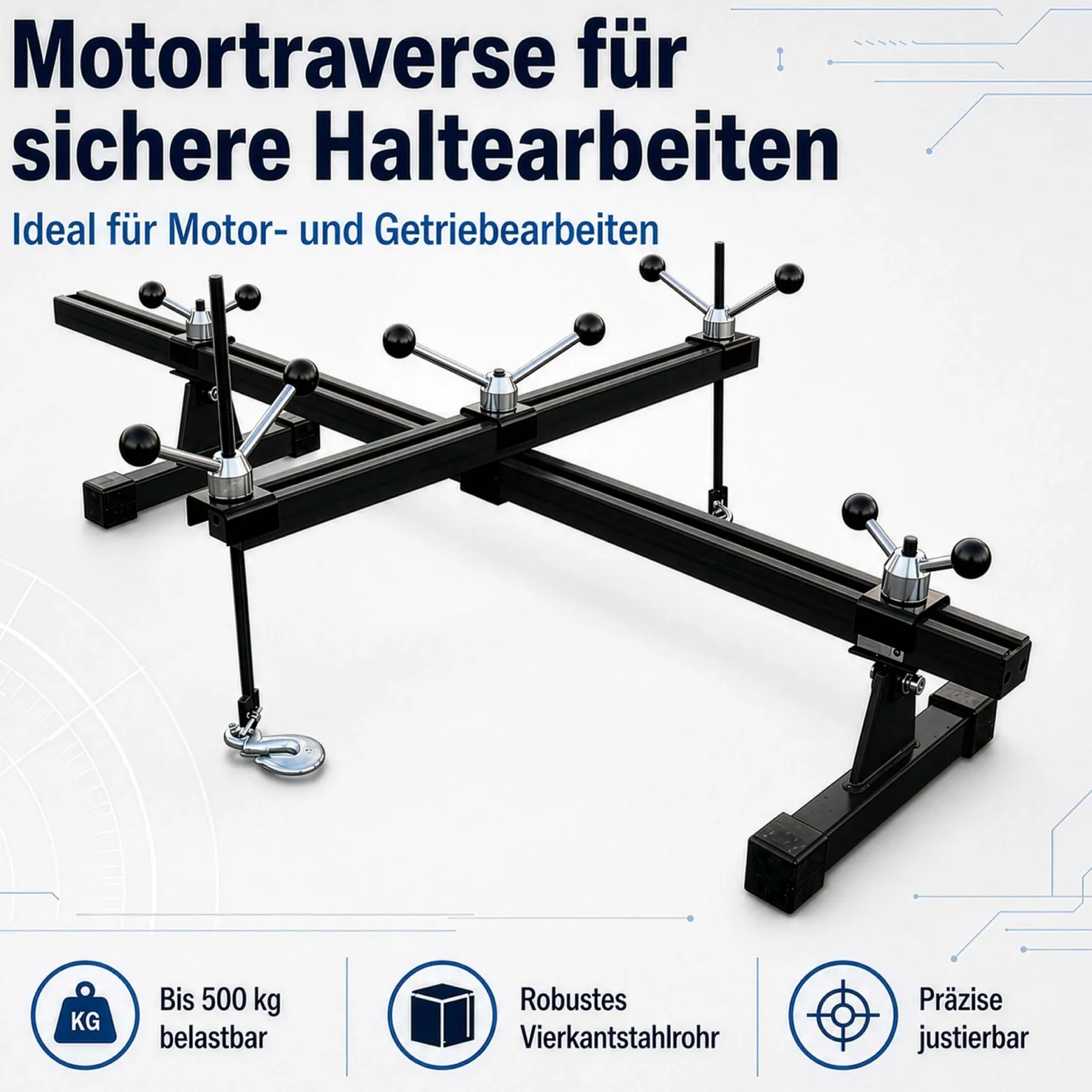 Wiltec Motortraverse Motorhalter 500 kg mit Querträger, verstellbare Motorbrücke 400–1400 mm, Motorstütze für Motor und Getriebe