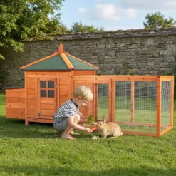 Wiltec Nagerhaus 1950 x 635 x 1200 mm, Hasenstall aus Fichtenholz, mit Bitumeneindeckung, Hühnerstall mit Nistkasten, Kleintierhaus Freilauf Gehege