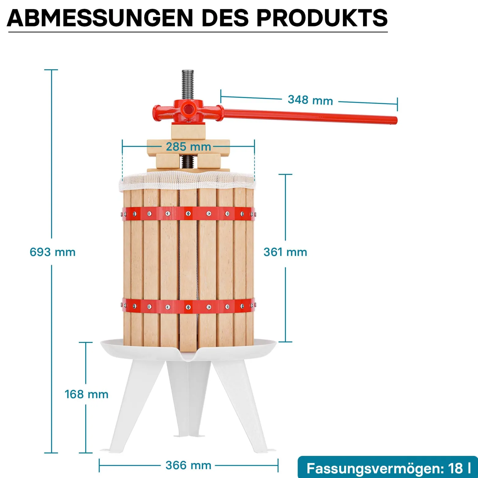 Wiltec Obstpresse 18L Maischepresse mit 3 passenden Presstüchern Weinpresse aus Holz Apfelpresse Saftpresse
