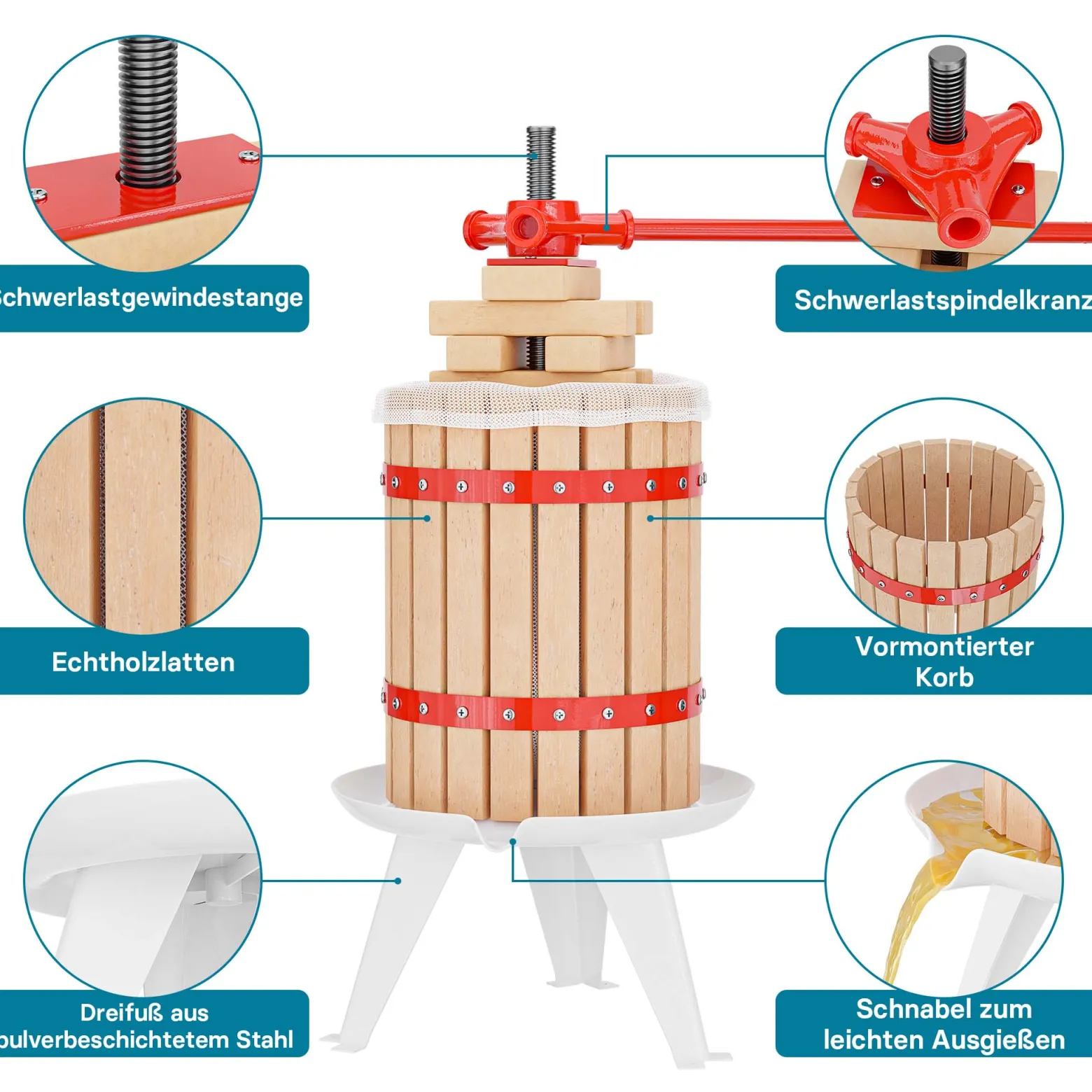 Wiltec Obstpresse 6L Maischepresse mit 3 passenden Presstüchern Weinpresse aus Holz Apfelpresse Saftpresse