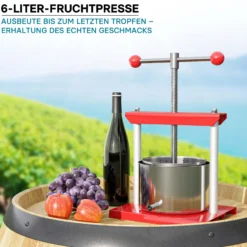 Wiltec Obstpresse 6L Weinpresse aus Stahl Edelstahlkorb Fruchtpresse mit 2-armigen Drehgriff Saftpresse Beerenpresse