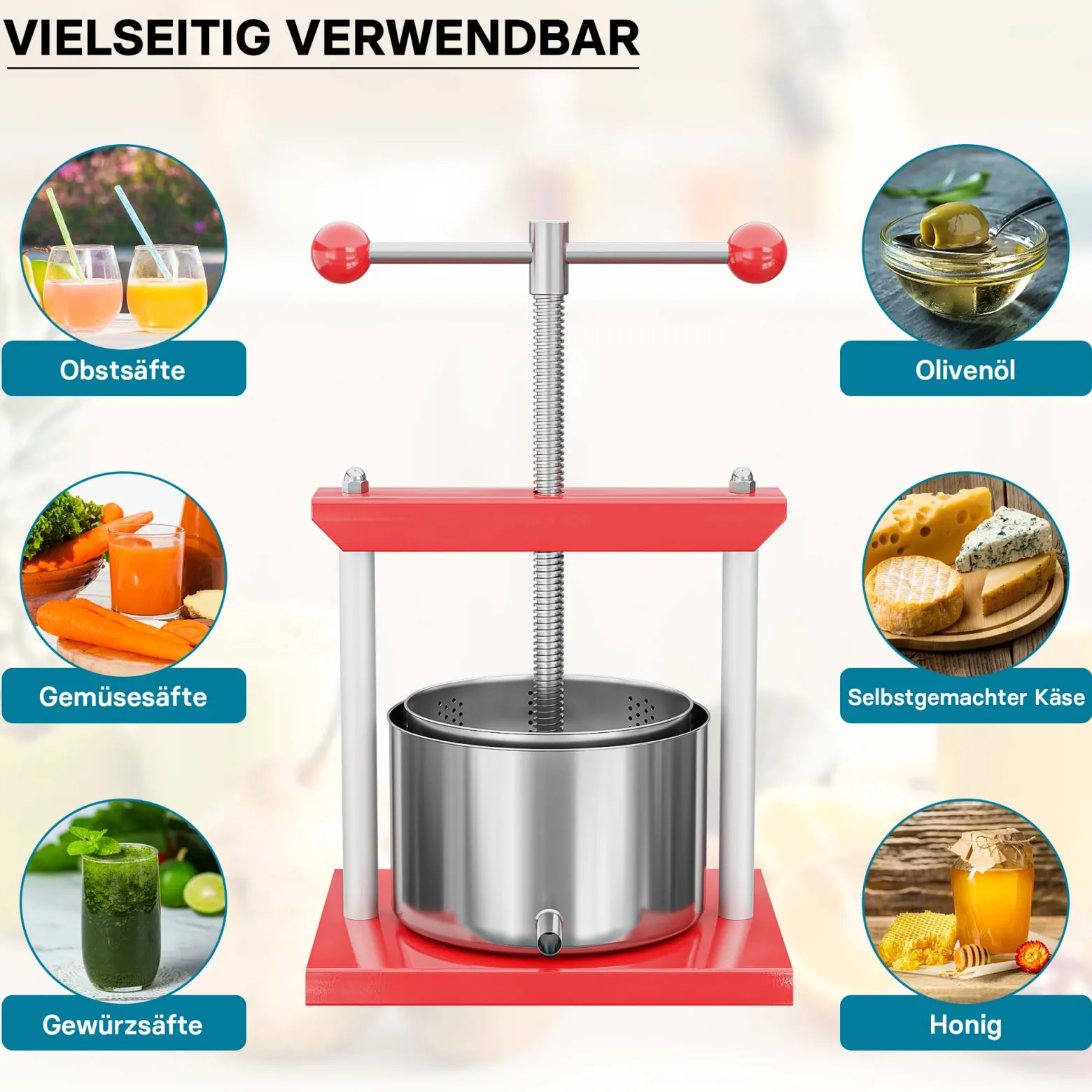 Wiltec Obstpresse 3L Weinpresse aus Stahl Edelstahlkorb Fruchtpresse mit 2-armigen Drehgriff Saftpresse Beerenpresse