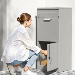 Wiltec Paketkasten grau 500 x 370 x 1120 mm, Paketbox Zuhause, private Paketannahme passend für Pakete und Päckchen, Standbriefkasten Stahl