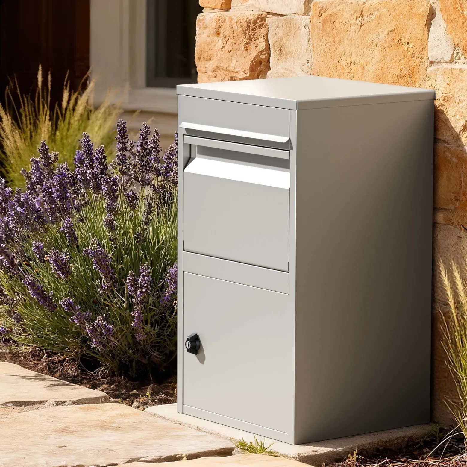 Wiltec Paketkasten grau 410 x 380 x 720 mm Paketbox aus Stahl mit Pulverbeschichtung abschließbarer Standbriefkasten für Paketannahme zu Hause Zustellung von Paket, Post, Brief