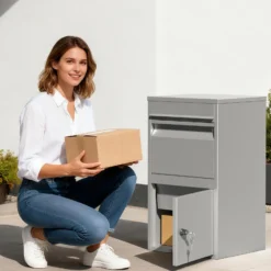 Wiltec Paketkasten grau 410 x 380 x 720 mm Paketbox aus Stahl mit Pulverbeschichtung abschließbarer Standbriefkasten für Paketannahme zu Hause Zustellung von Paket, Post, Brief