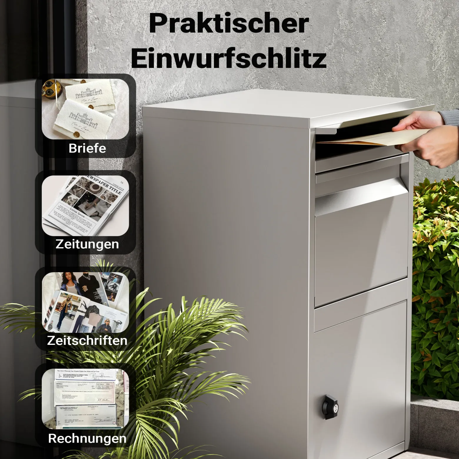 Wiltec Paketkasten grau 410 x 380 x 720 mm Paketbox aus Stahl mit Pulverbeschichtung abschließbarer Standbriefkasten für Paketannahme zu Hause Zustellung von Paket, Post, Brief