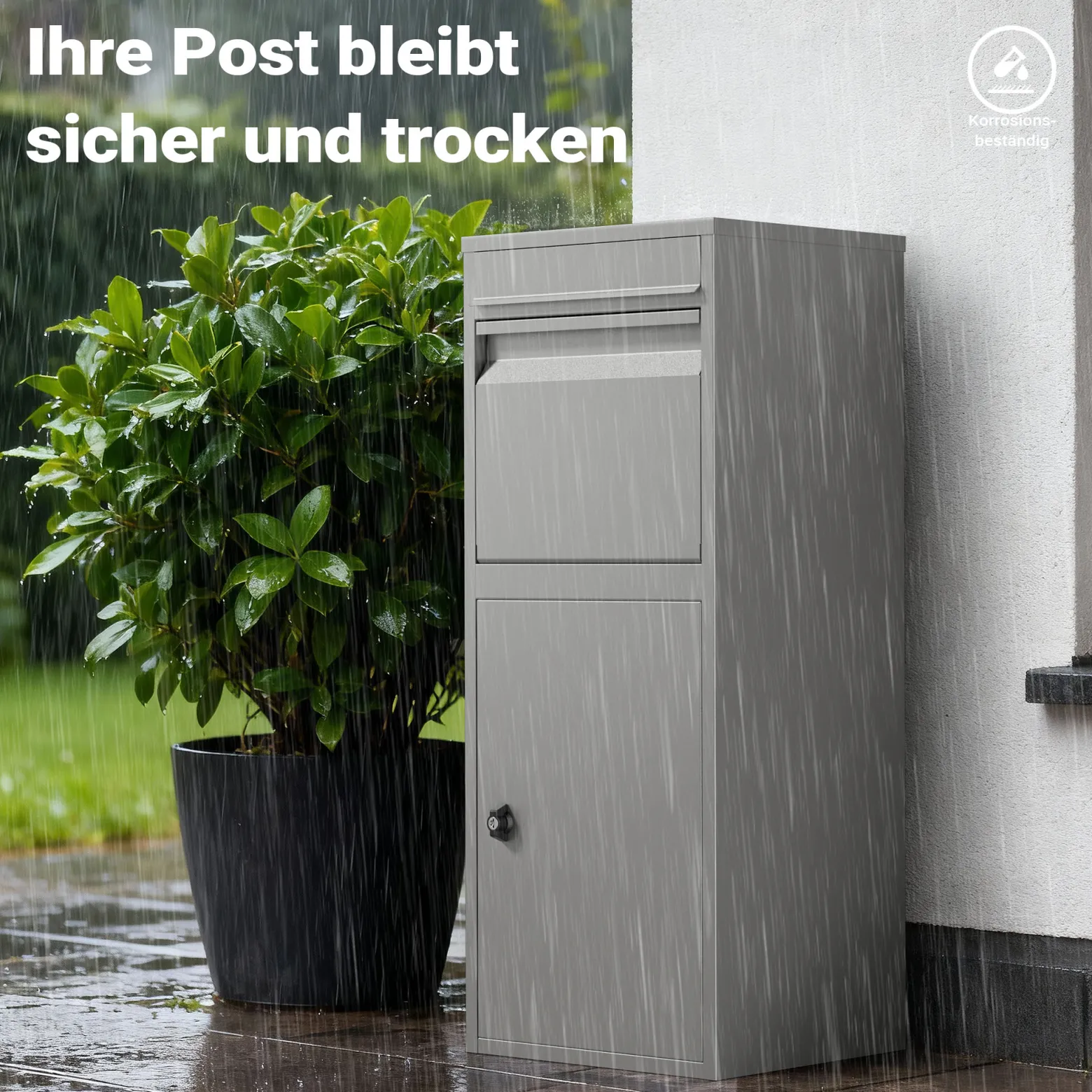 Wiltec Paketkasten grau 410 x 380 x 1020 mm Paketbox aus Stahl mit Pulverbeschichtung abschließbarer Standbriefkasten für Paketannahme zu Hause Zustellung von Paket, Post, Brief