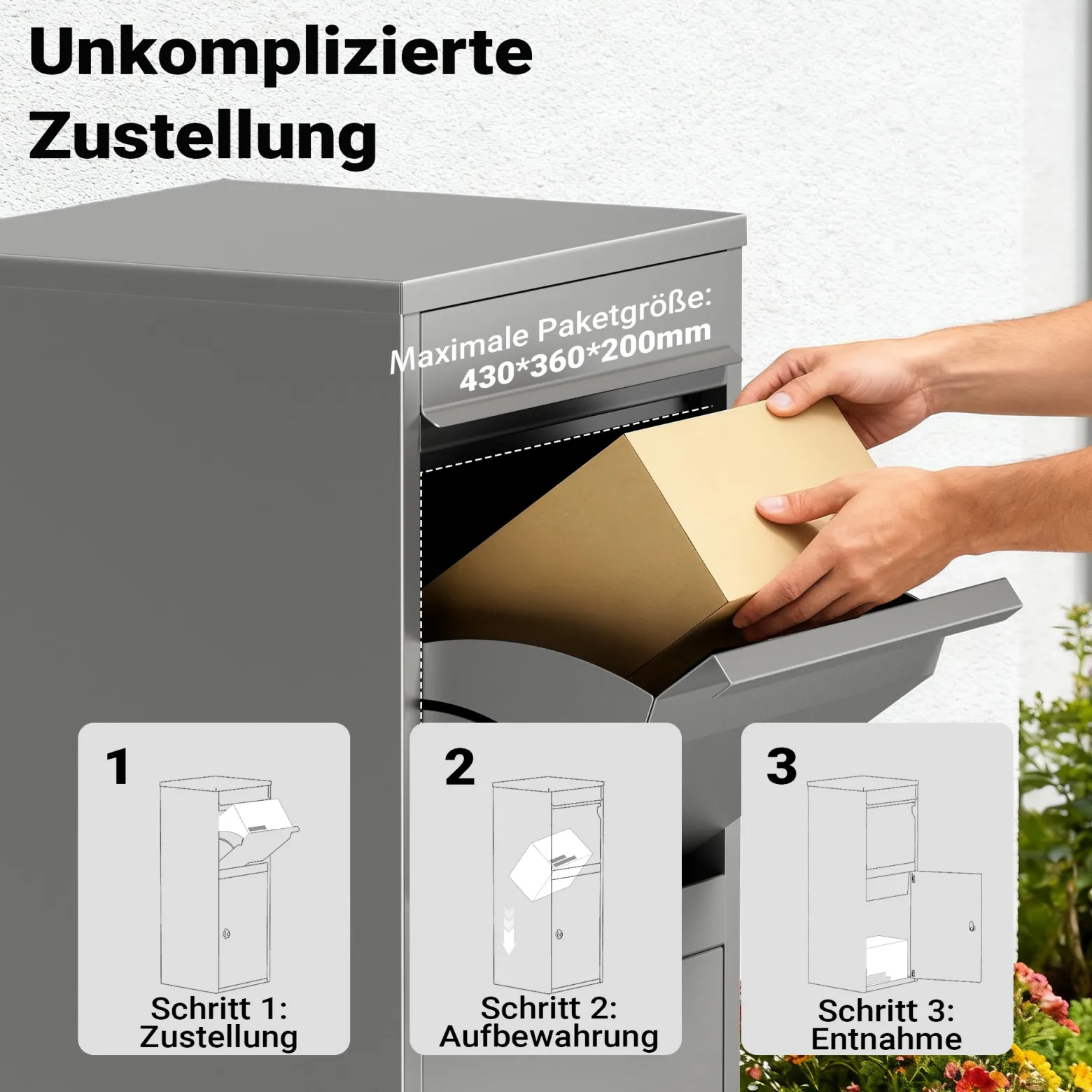 Wiltec Paketkasten grau 410 x 380 x 1020 mm Paketbox aus Stahl mit Pulverbeschichtung abschließbarer Standbriefkasten für Paketannahme zu Hause Zustellung von Paket, Post, Brief