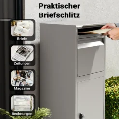 Wiltec Paketkasten grau 410 x 380 x 1020 mm Paketbox aus Stahl mit Pulverbeschichtung abschließbarer Standbriefkasten für Paketannahme zu Hause Zustellung von Paket, Post, Brief